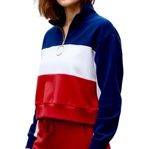 Ivoire Cropped Sweatshirt Women’s Red Blue White 1/4 Zip Mock Neck Stretch Sz L